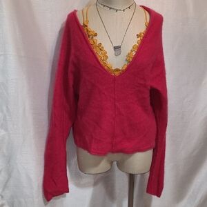 Free People V-Neck Slouch Sweater in Bold Pink